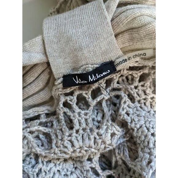 Vida Milano Size Large Sleeveless Cardigan Tan Cotton Blend Ribbed Crochet Boho - Picture 6 of 7